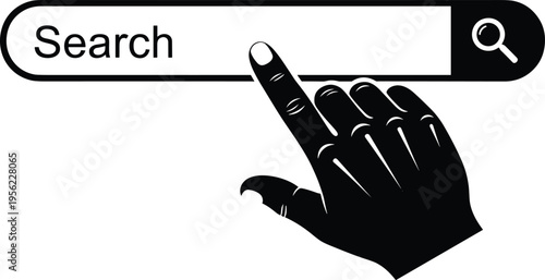 Black and white stylized search bar graphic with magnifying glass icon and pointing hand silhouette representing online search, browsing, internet query concept illustration