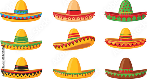 Mexican Sombrero Hat Icon Set with Colorful Traditional Fiesta Headwear Illustrations for Cinco de Mayo Graphics, Cultural Festival Posters, Travel Design, and Party Decoration Elements