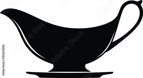 Black silhouette of gravy boat with curved handle and spout representing kitchenware, culinary utensil, food serving vessel, minimalist dining illustration concept