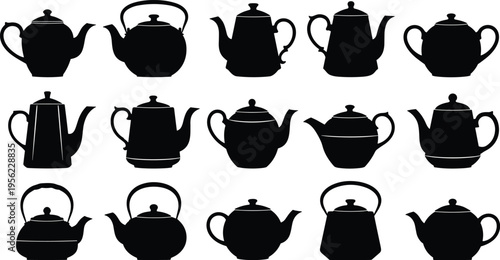 Collection of fifteen black teapot silhouettes arranged in rows with distinct shapes, spouts, handles, lids representing tea culture, kitchenware, beverage illustration concept
