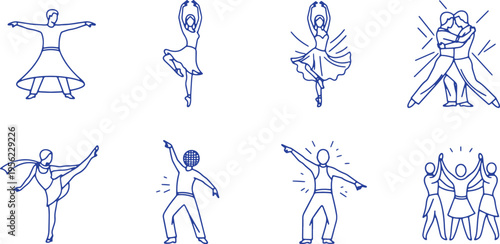 Illustrations of various traditional and modern dance styles and poses