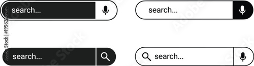Four different search bar designs with microphone and magnifying glass icons, black and white layouts representing online search, voice query, digital interface illustration concept