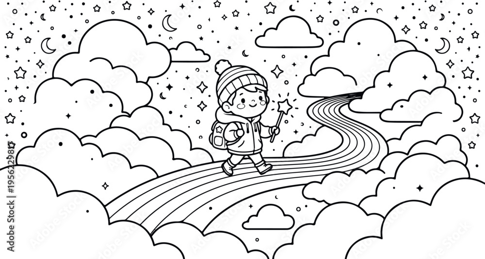 Fototapeta premium Adobe Illustrator Artwork tiny character walking on rainbow path between clouds book cover line art.