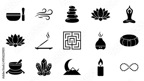 Yoga and wellness icons, black silhouettes on white