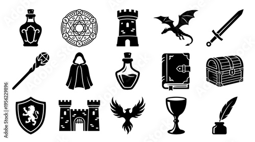 Medieval fantasy icons in black silhouette