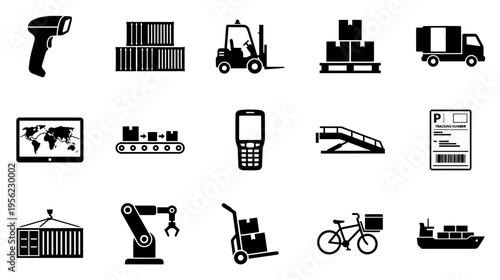 Global logistics and shipping icons in black