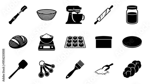 Baking tools and ingredients, minimalist icons