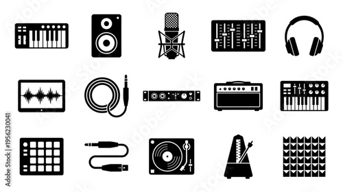 Recording studio audio equipment set icons
