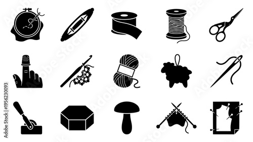 Sewing crafts and tools black silhouettes