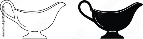 Two stylized gravy boat illustrations side by side showing line art outline and solid silhouette design representing kitchenware, culinary utensil, food serving concept