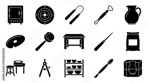 Pottery studio equipment icon set in black