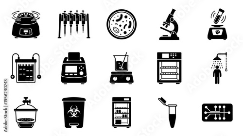 Lab equipment icons in black silhouette