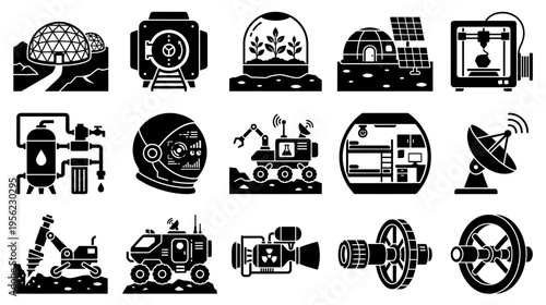 Mars colonization: futuristic habitat and science icons