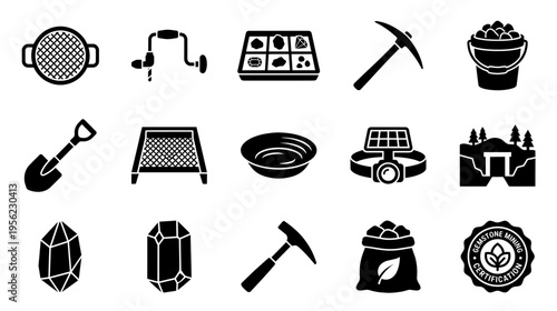 Gemstone mining equipment and certification icons