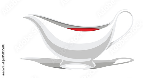 White gravy boat with handle and spout placed on saucer containing red liquid representing kitchenware, culinary serving, beverage presentation illustration concept