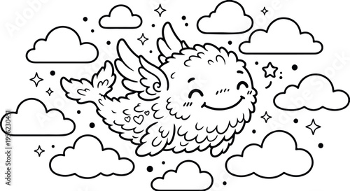 Adobe Illustrator Artwork fluffy bird with oversized wings and soft feathers book cover line art.