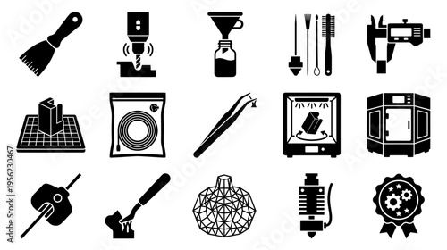 3d printing tools and equipment icon set