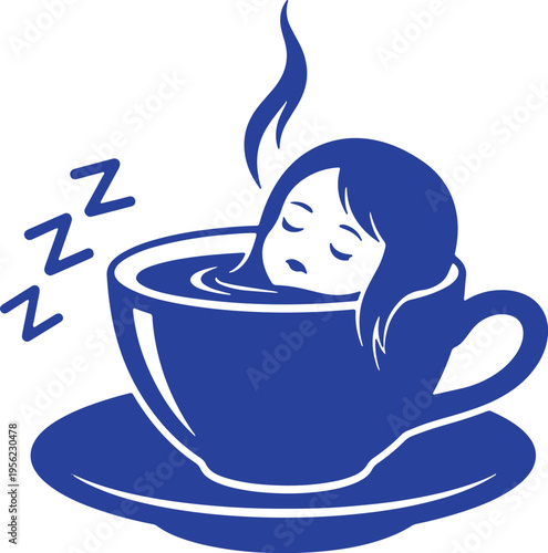 Sleepy figure peacefully resting inside a steaming cup of coffee