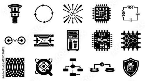 Quantum computing black silhouette icons set