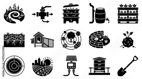 Permaculture and sustainable urban garden icons set