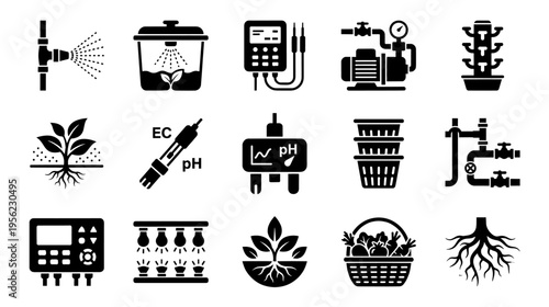 Aeroponics system icons for hydroponic gardening