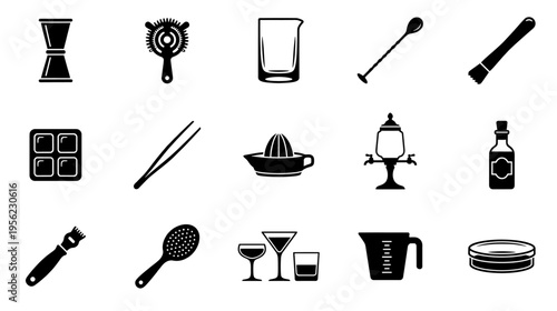Bartending black silhouette icons on white