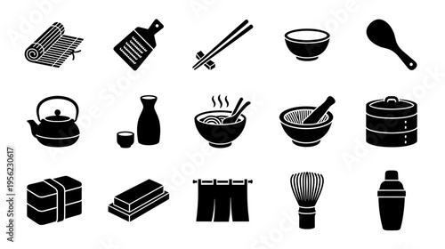 Japanese kitchenware silhouettes of traditional cookware