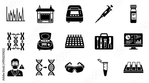 Dna research equipment and analysis icons