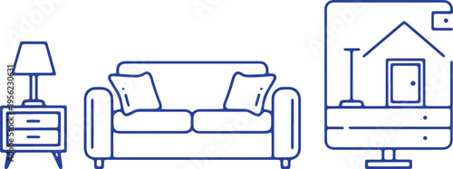 Modern living room setup with a virtual house tour on a computer screen