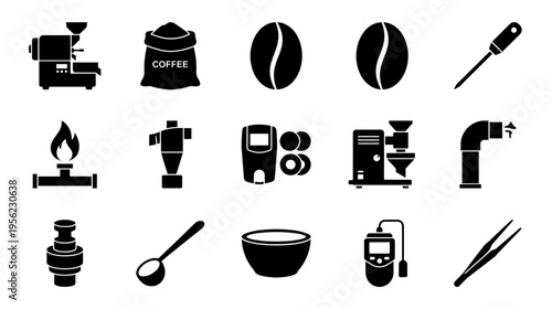 Coffee roasting equipment icon set design