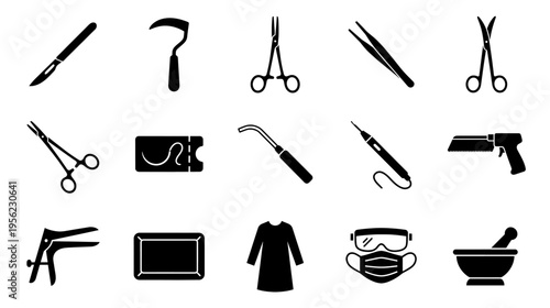 Surgical tools and medical equipment icons set