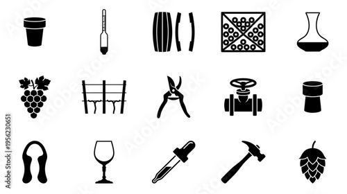 Wine making and winery black glyph icons