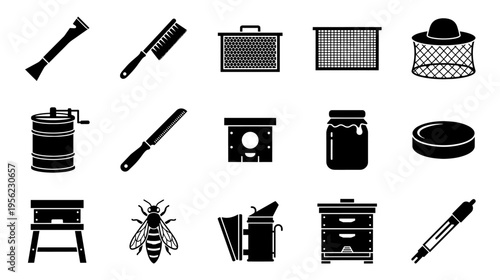 Beekeeping tools and equipment silhouette icons
