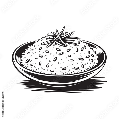 A black and white illustration of a bowl filled with rice and garnish