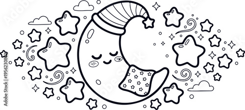 Adobe Illustrator Artwork sleepy moon with closed eyes and floating stars around book cover line art.