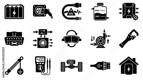 Electric vehicle components and technology icons set