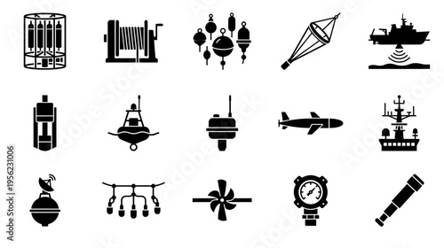 Oceanography equipment icons collection