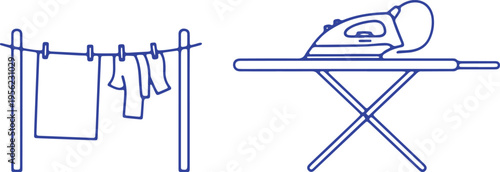 Illustrations of a drying rack with clothes and an ironing board with an iron