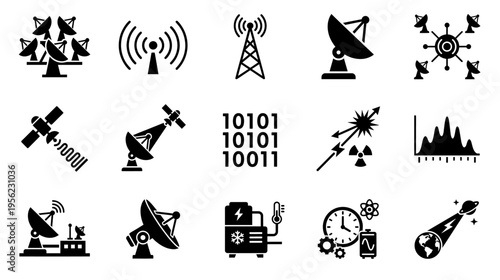 Communication technology silhouette icons for space science