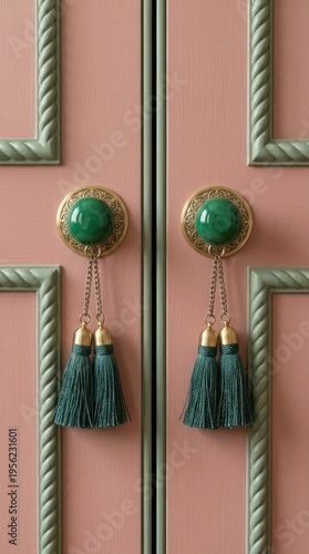 Pink cabinet doors with green rope molding and emerald knobs with tassels, ideal for luxury furniture or vintage interior design