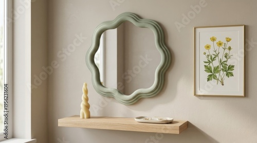 Wavy sage green mirror with wooden shelf and floral art, ideal for modern interior design