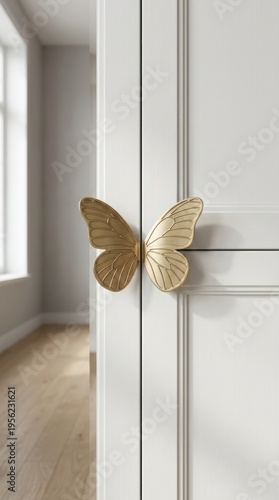 Gold butterfly cabinet handles on white doors, ideal for luxury furniture or nursery decor