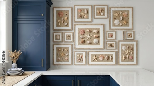 Coastal gallery wall with framed sea shell art over blue cabinets, ideal for beach house decor