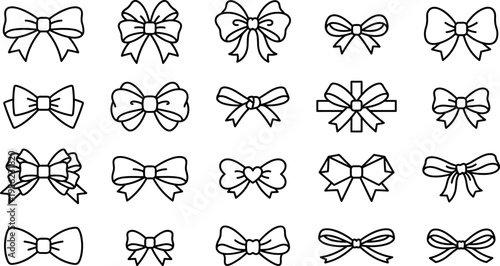 ribbon bow outline icon set, decorative gift bows and ribbon knots for present wrapping and celebration vector illustration isolated on transparent background