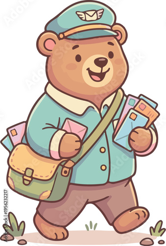 Adobe Illustrator Artwork friendly bear postman with mailbag and letters, walking happily book cover clip art.