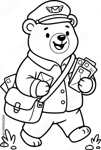 Adobe Illustrator Artwork friendly bear postman with mailbag and letters, walking happily book cover line art.