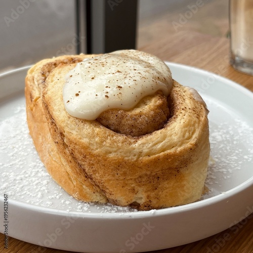 Freshly baked cinnamon pastry with glaze, served on a white plate, cozy breakfast or dessert.
