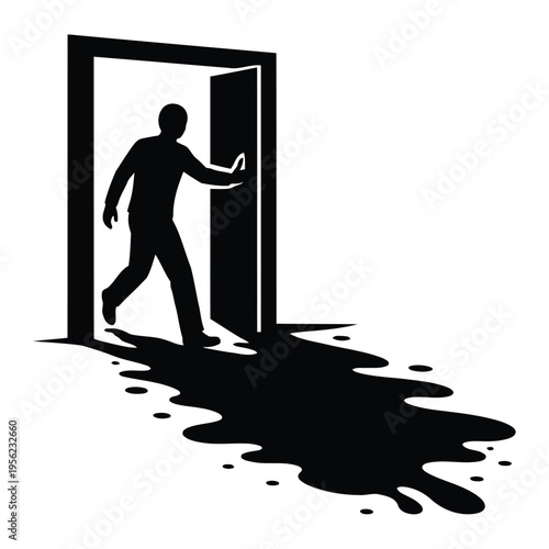 Man walks through doorway with dark liquid spilling out