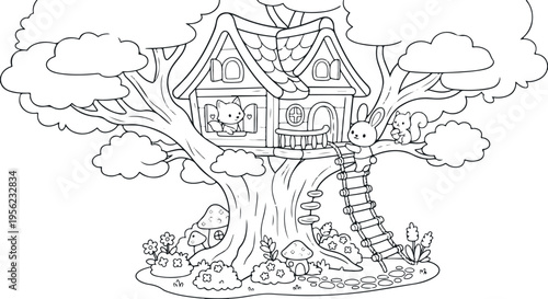 Adobe Illustrator Artwork treehouse with rope ladder and tiny windows, warm pastel tones book cover line art.