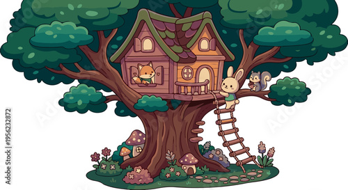 Adobe Illustrator Artwork treehouse with rope ladder and tiny windows, warm pastel tones book cover clip art.